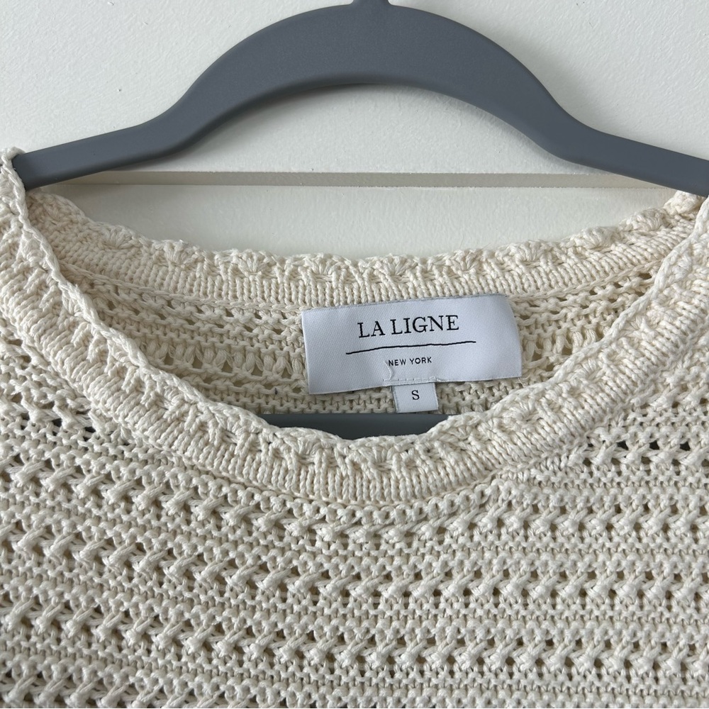 La Ligne Striped Pointelle Pullover Knit Sweater Cream/Blue Size Small - Picture 3 of 12